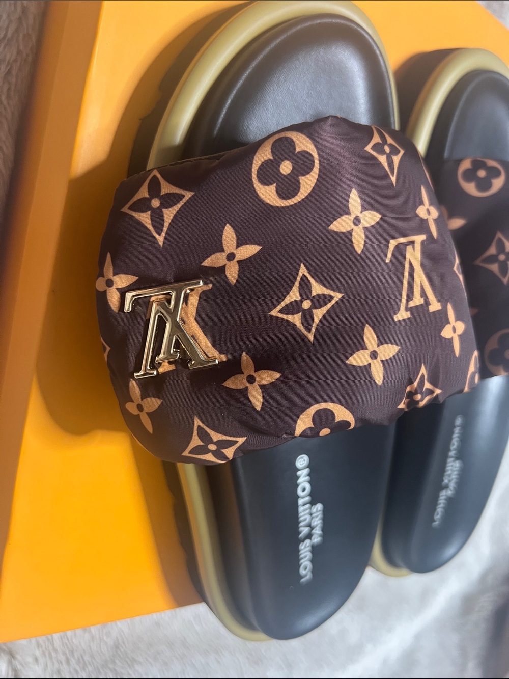 Brown Monogram Slide Sandals with Gold LV Accent size 35 - Picture 4 of 5
